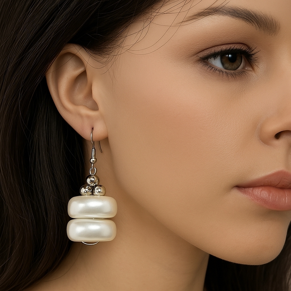 Women's Stylish Silver tone & Off-White Beaded Design Drop Dangle Earrings - 2"